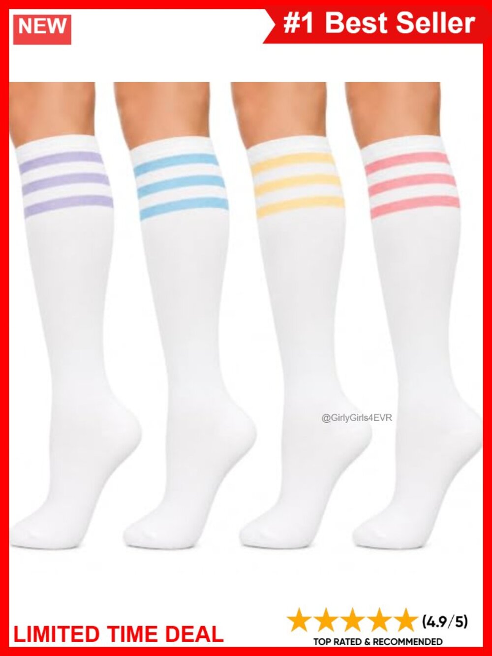 Women's Cotton Knee High Socks Striped Reinforced Toe 3 Pairs